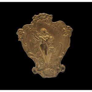 Art Nouveau Style Lady Goddess Woman Playing Harp Gold Tone Brooch Pin 2-1/2"